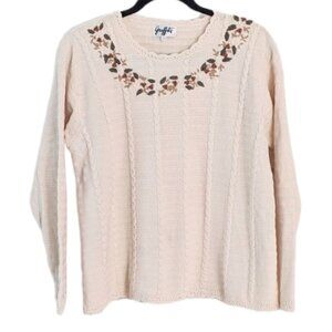vintage cotton crochet knit sweater with floral embroidery beige Large @Y